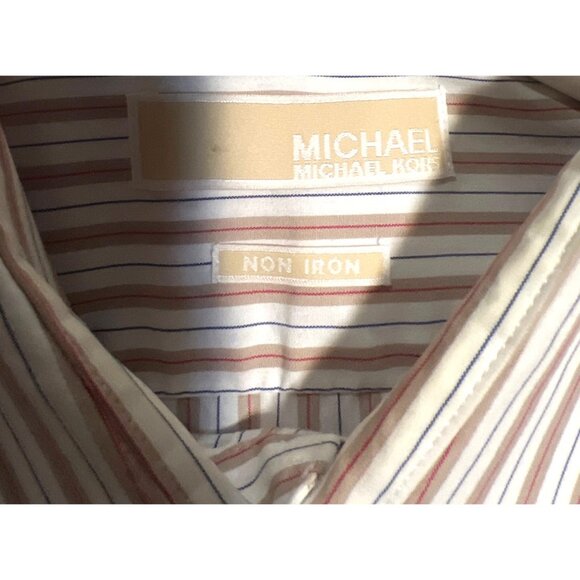 Michael Kors Mens Non-Iron Button-Down Dress Shirt Size Large  Tan/White Stripes - Picture 3 of 3